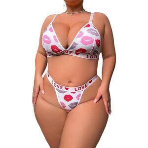 Plus Size 2-Piece Sheer Lingerie Set - Deep V Neck Bra & Thong Elegant Outfits